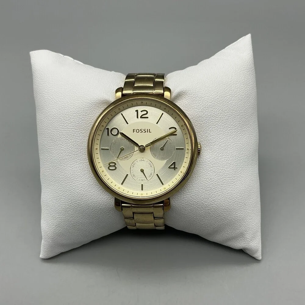 Fossil Womens Watch 36mm Gold Tone Champagne Dial Day Date ES3667 New Battery 6